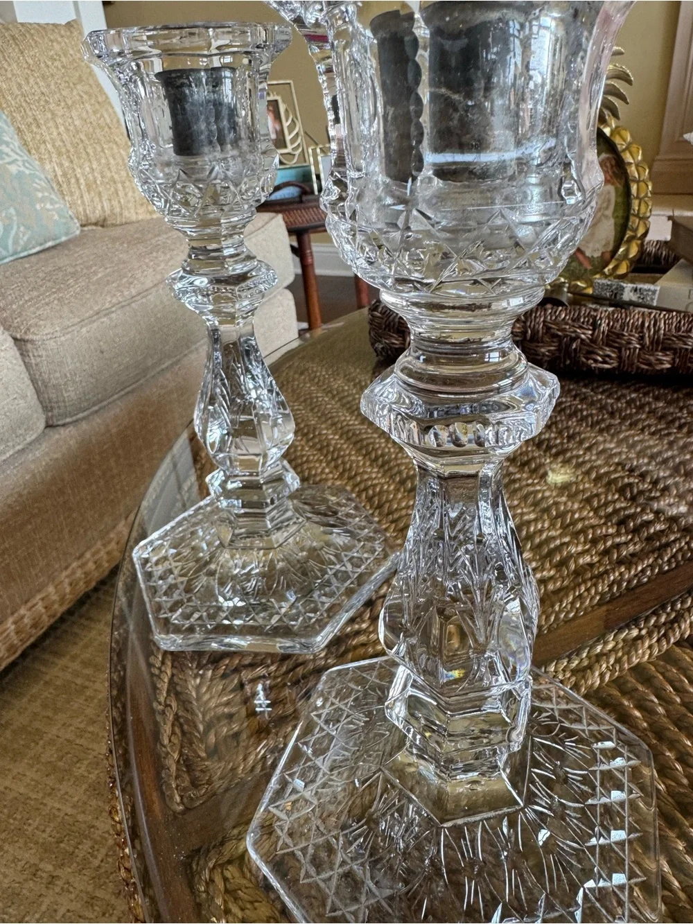 Vintage pair heavy lead crystal candlesticks featuring faceted baluster stems.